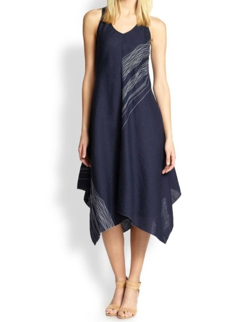 Neiman Marcus Linen Blend Navy Midi Dress Asymmetrical Kerchief Hem Medium